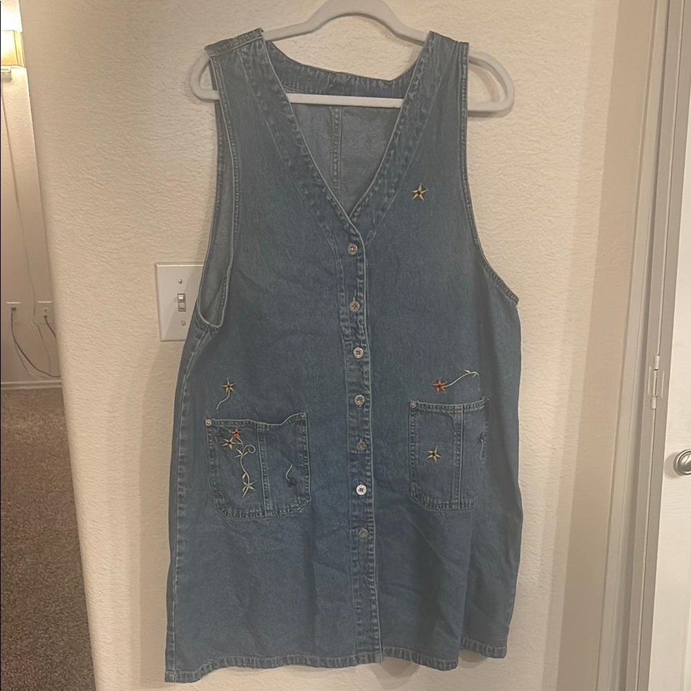 Vintage Embroidered Denim Dress with Pockets